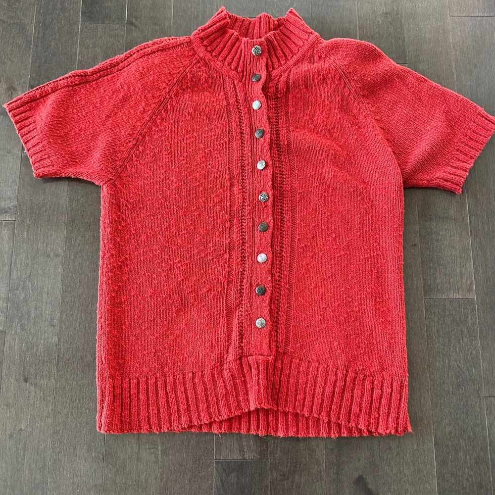 Vintage Womens‎ SML Sport Mock Knit Cardigan Short Sleeve Romantic Red Silver M